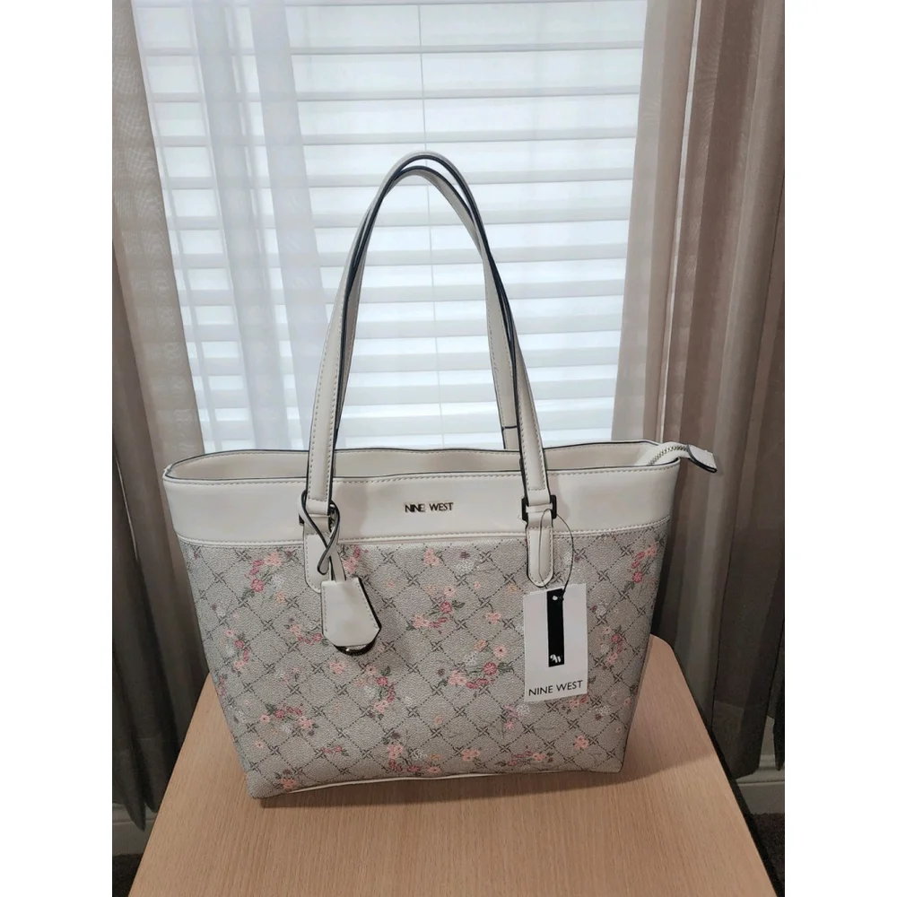 NEW Nine West Kaislie Tote Floral Logo Purse Cream Pink